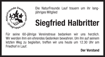 Traueranzeige von Siegfried Halbritter von Pegnitz-Zeitung